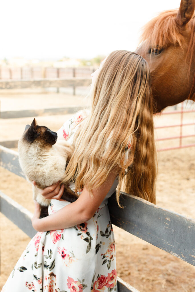 girl holds cat while horse looks over her shoulder